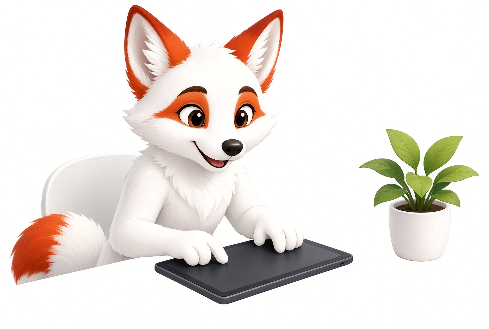 ReddFox mascot working at a tablet